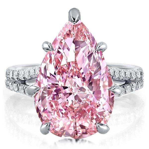 Pear Pink Created Sapphire Split Shank Engagement Ring in Rhodium Plated Sterling Silver