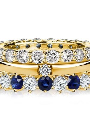 18K Gold Plated Sterling Silver Round Cut White and Blue Sapphire Stackable Band Set