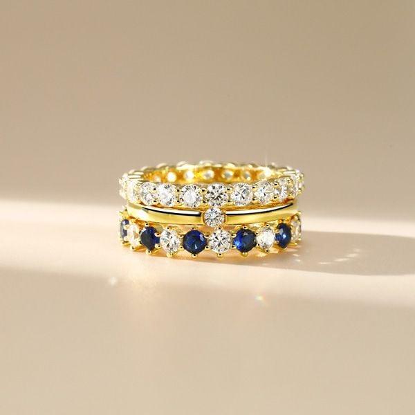 18K Gold Plated Sterling Silver Round Cut White and Blue Sapphire Stackable Band Set