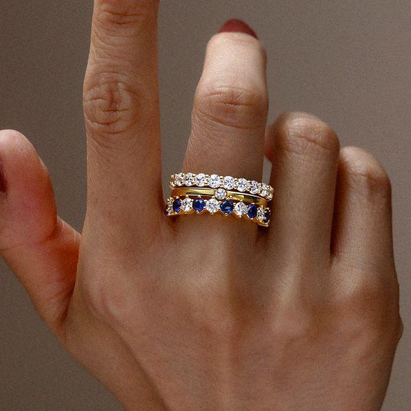 18K Gold Plated Sterling Silver Round Cut White and Blue Sapphire Stackable Band Set