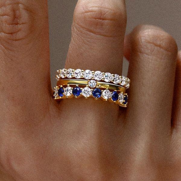 18K Gold Plated Sterling Silver Round Cut White and Blue Sapphire Stackable Band Set