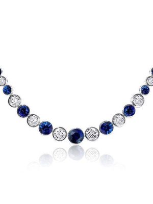 Blue & White CZ Tennis Necklace - Sterling Silver Round Bezel - 17-22 Inches