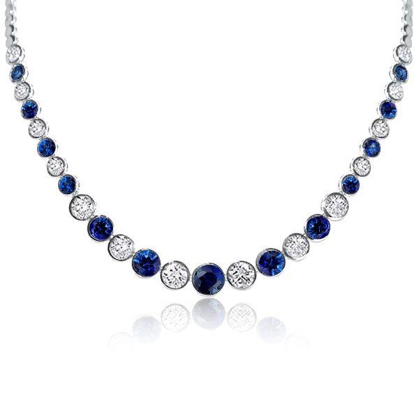 Blue & White CZ Tennis Necklace - Sterling Silver Round Bezel - 17-22 Inches