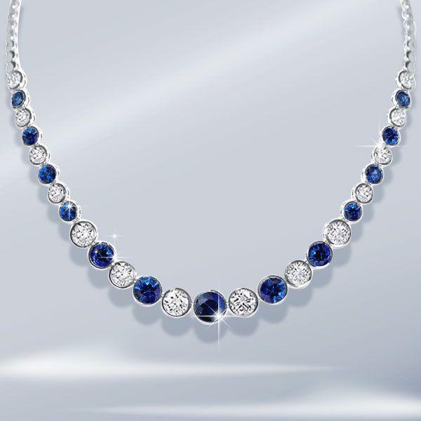 Blue & White CZ Tennis Necklace - Sterling Silver Round Bezel - 17-22 Inches