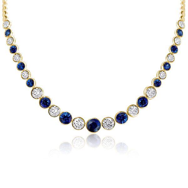 Blue & White CZ Tennis Necklace - Sterling Silver Round Bezel - 17-22 Inches