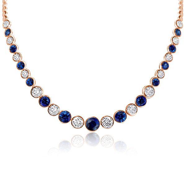 Blue & White CZ Tennis Necklace - Sterling Silver Round Bezel - 17-22 Inches