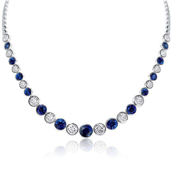 Blue & White CZ Tennis Necklace - Sterling Silver Round Bezel - 17-22 Inches