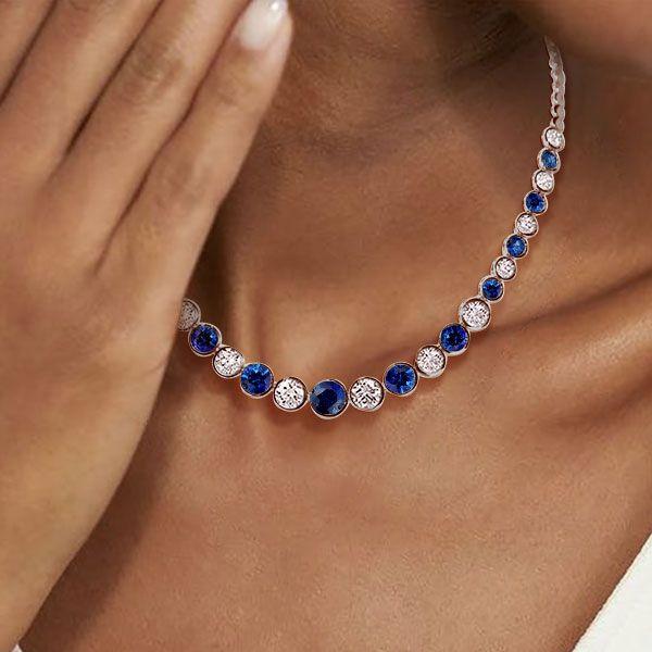 Blue & White CZ Tennis Necklace - Sterling Silver Round Bezel - 17-22 Inches