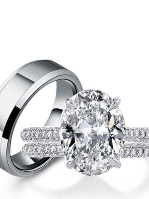 Oval White Sapphire Trio Wedding Set - Sterling Silver & Titanium Matching Rings