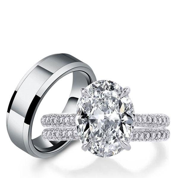 Oval White Sapphire Trio Wedding Set - Sterling Silver & Titanium Matching Rings
