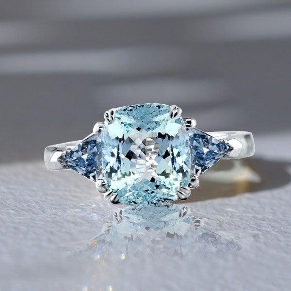3.00 CT. TW. Cushion Cut Aquamarine Three Stone Engagement Ring in Sterling Silver