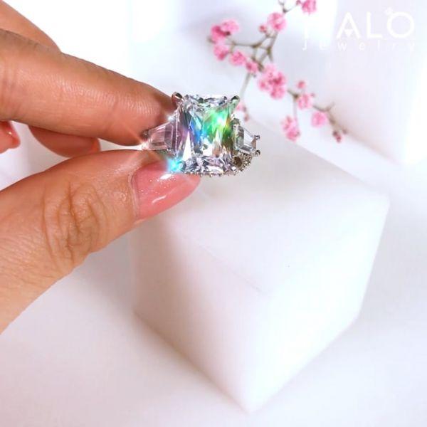 Radiant Cut White Sapphire Three Stone Engagement Ring - Sterling Silver