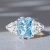 Aquamarine Ring - 925 Sterling Silver 3 Stone Radiant Cut Engagement Ring