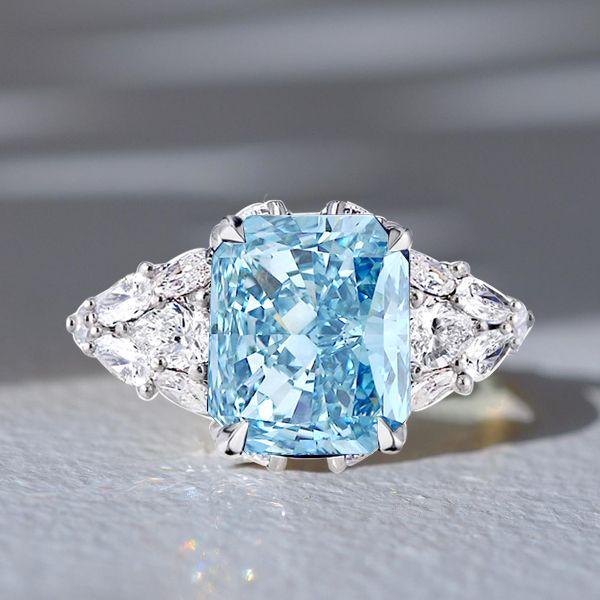 Aquamarine Ring - 925 Sterling Silver 3 Stone Radiant Cut Engagement Ring