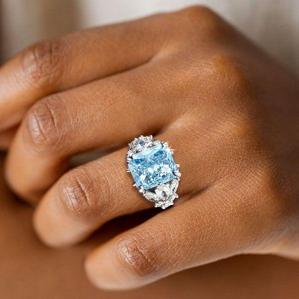 Aquamarine Ring - 925 Sterling Silver 3 Stone Radiant Cut Engagement Ring