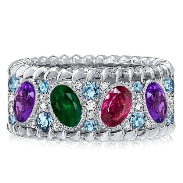 Oval Cut Multi Color Gemstone Wedding Band in 925 Sterling Silver