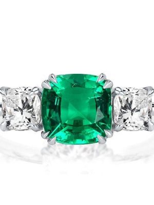 Three Stone Cushion Cut Green Engagement Ring in Rhodium Plated 925 Sterling Silver