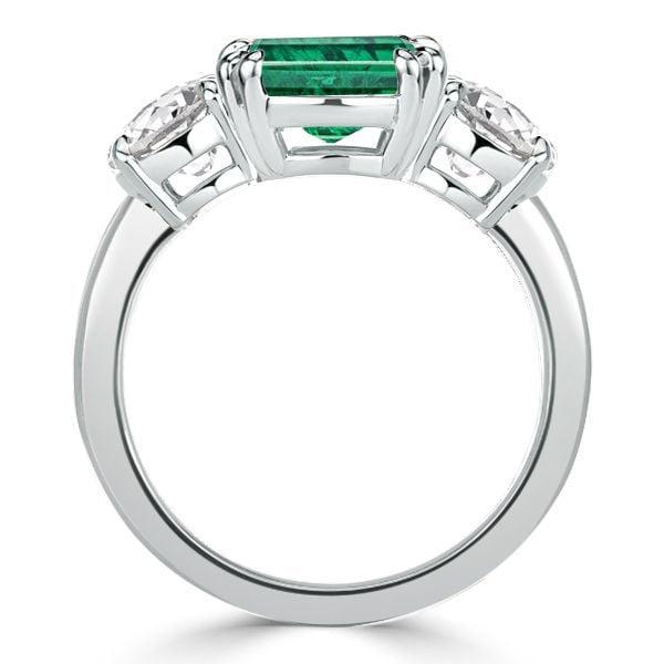 Three Stone Cushion Cut Green Engagement Ring in Rhodium Plated 925 Sterling Silver
