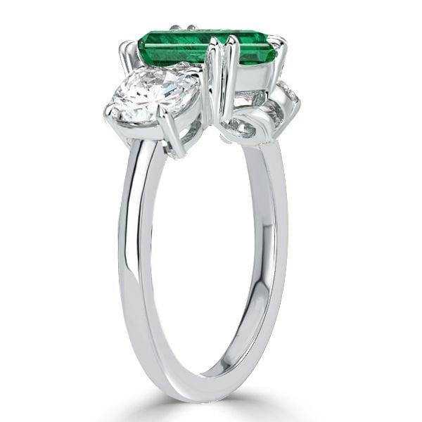 Three Stone Cushion Cut Green Engagement Ring in Rhodium Plated 925 Sterling Silver