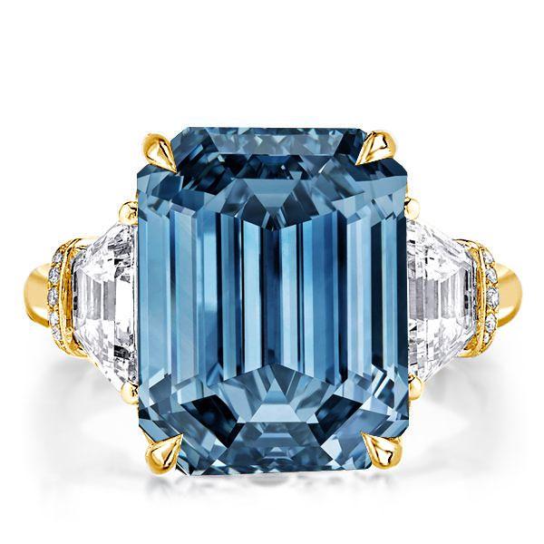 Blue Topaz Emerald Cut Three Stone Ring - 925 Sterling Silver