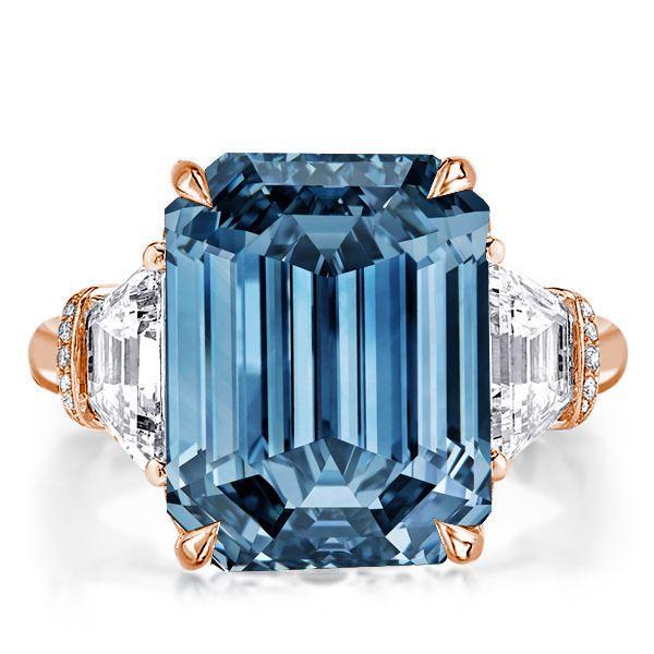 Blue Topaz Emerald Cut Three Stone Ring - 925 Sterling Silver