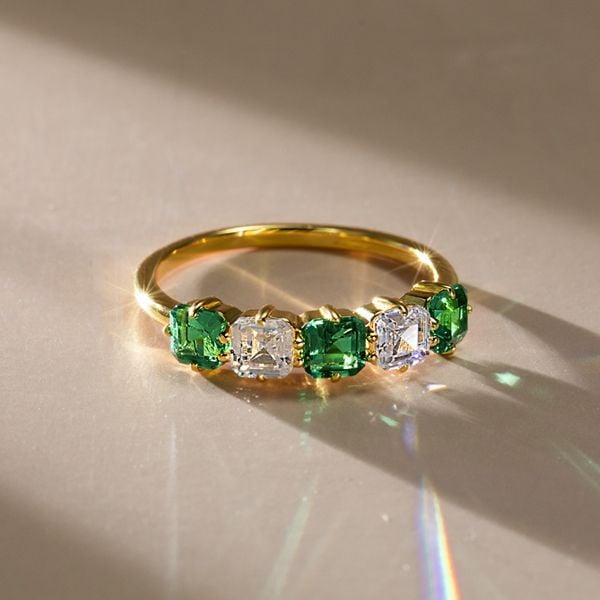 Asscher Cut Green Emerald Half Eternity Wedding Band in 18K Gold Plated Sterling Silver