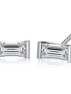Sterling Silver Baguette Cut Stud Earrings for Women with Rhodium Finish