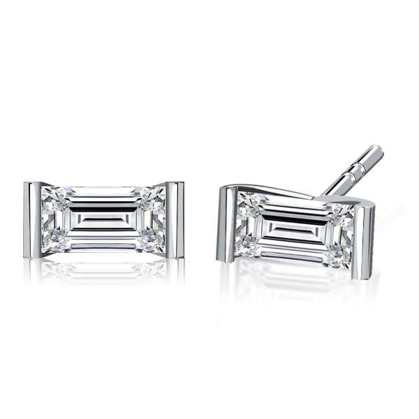 Sterling Silver Baguette Cut Stud Earrings for Women with Rhodium Finish