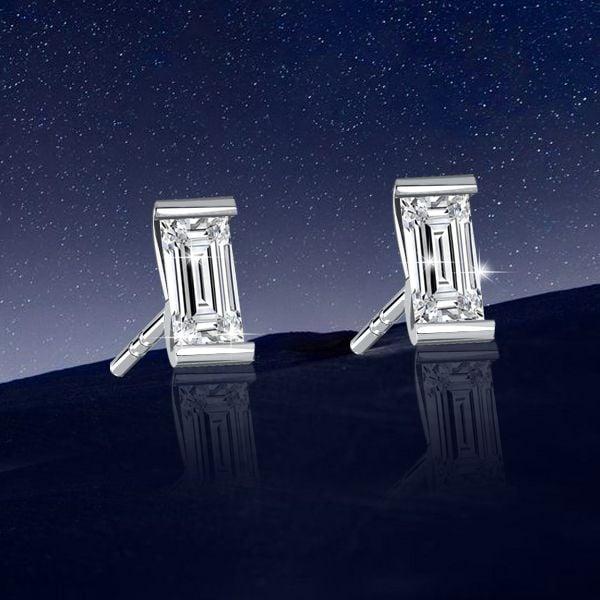 Sterling Silver Baguette Cut Stud Earrings for Women with Rhodium Finish