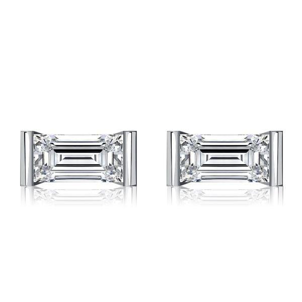 Sterling Silver Baguette Cut Stud Earrings for Women with Rhodium Finish
