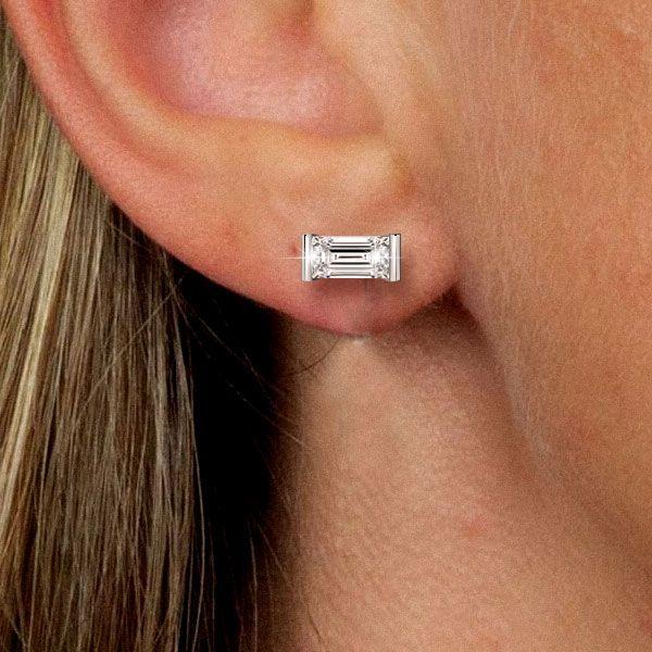 Sterling Silver Baguette Cut Stud Earrings for Women with Rhodium Finish