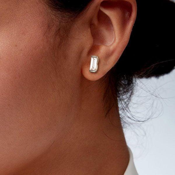 Sterling Silver Baguette Cut Stud Earrings for Women with Rhodium Finish