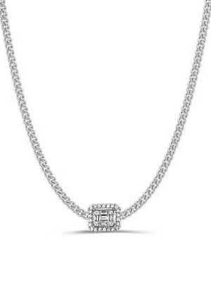 Baguette Halo Pendant Necklace - 925 Sterling Silver - Choice of Chain Length