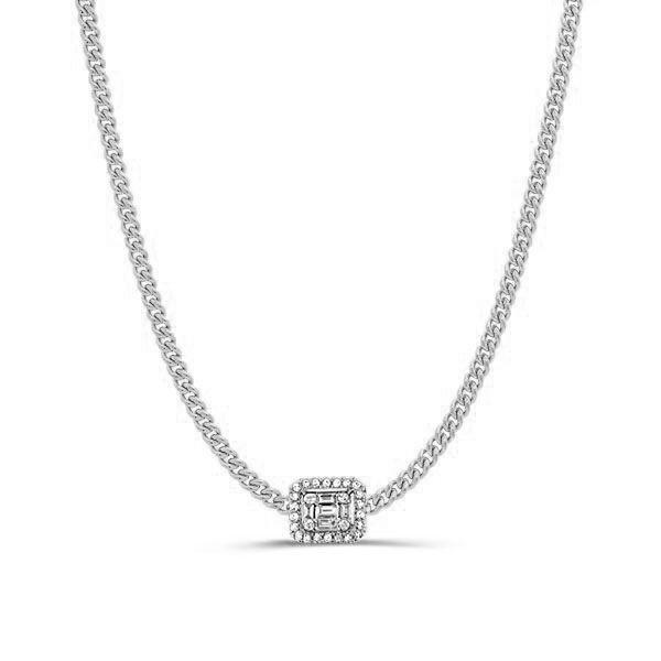 Baguette Halo Pendant Necklace - 925 Sterling Silver - Choice of Chain Length