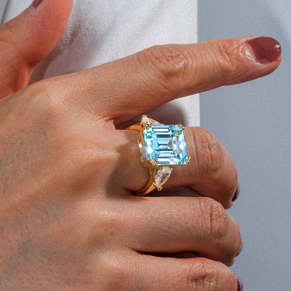 18K Gold Plated Sterling Silver Three Stone Aquamarine Engagement Ring (11.26 CTW)