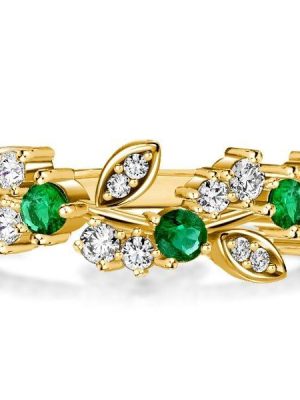 18K Gold Plated Sterling Silver Emerald Leaf Wedding Band Ring with Floral Design