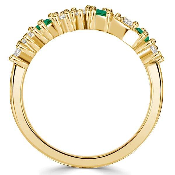 18K Gold Plated Sterling Silver Emerald Leaf Wedding Band Ring with Floral Design