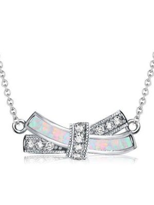 Sterling Silver Knot Pendant Necklace for Women with Simulated Opal Accent