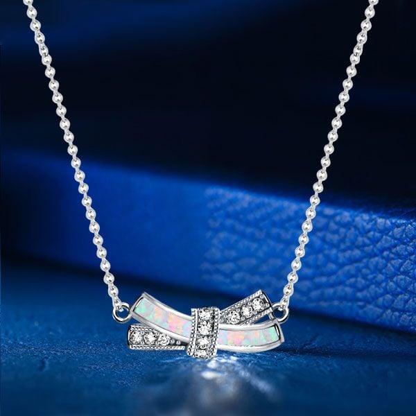 Sterling Silver Knot Pendant Necklace for Women with Simulated Opal Accent