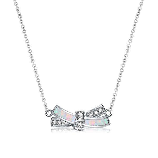Sterling Silver Knot Pendant Necklace for Women with Simulated Opal Accent