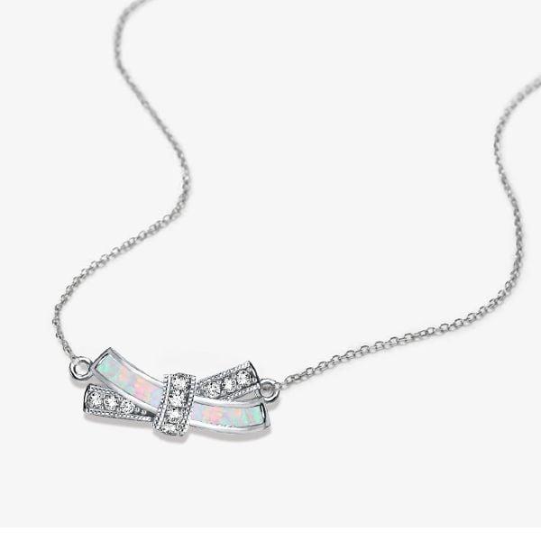 Sterling Silver Knot Pendant Necklace for Women with Simulated Opal Accent