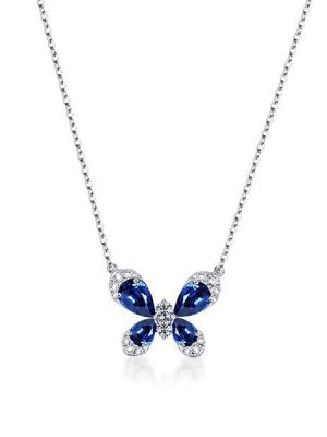 Sapphire Butterfly Pear Pendant Necklace - 925 Sterling Silver