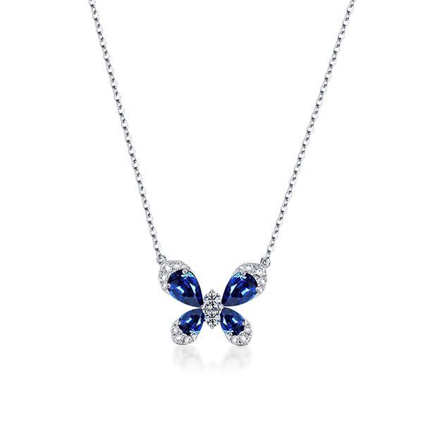 Sapphire Butterfly Pear Pendant Necklace - 925 Sterling Silver