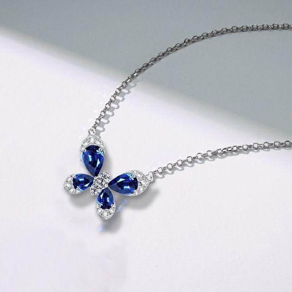 Sapphire Butterfly Pear Pendant Necklace - 925 Sterling Silver