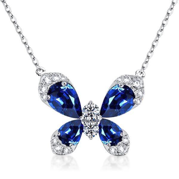 Sapphire Butterfly Pear Pendant Necklace - 925 Sterling Silver
