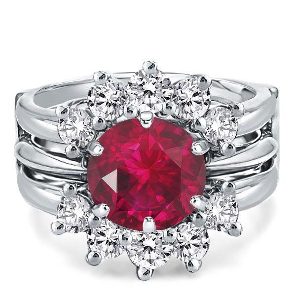Sunflower Ruby Bridal Ring Set - 925 Sterling Silver