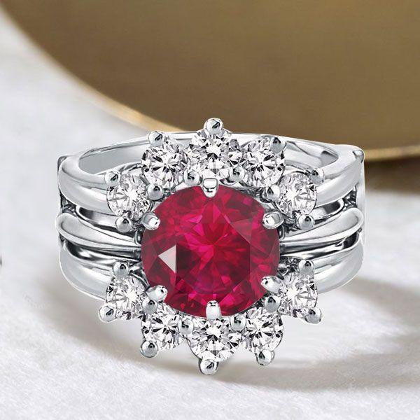 Sunflower Ruby Bridal Ring Set - 925 Sterling Silver