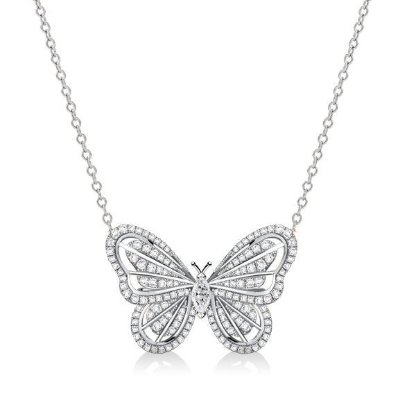 Dancing Butterfly Pendant Necklace with White Sapphire in Rhodium-Plated 925 Sterling Silver