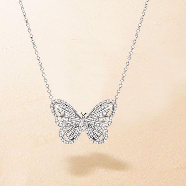 Dancing Butterfly Pendant Necklace with White Sapphire in Rhodium-Plated 925 Sterling Silver