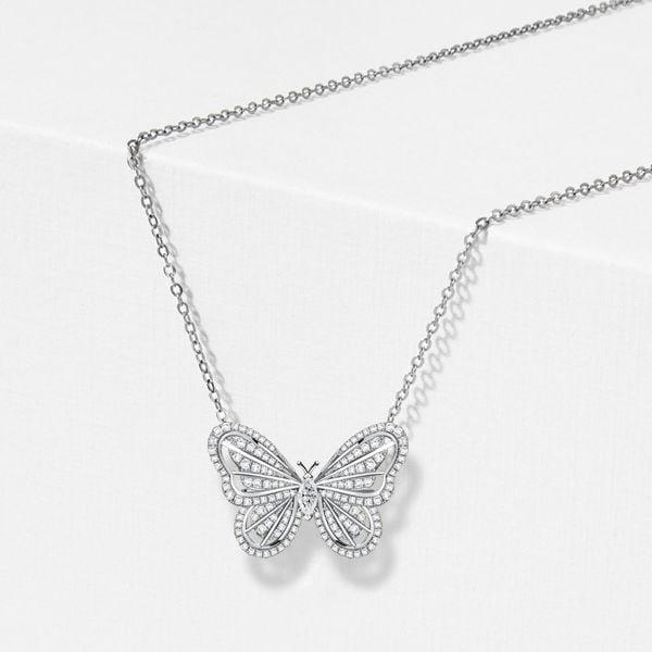 Dancing Butterfly Pendant Necklace with White Sapphire in Rhodium-Plated 925 Sterling Silver